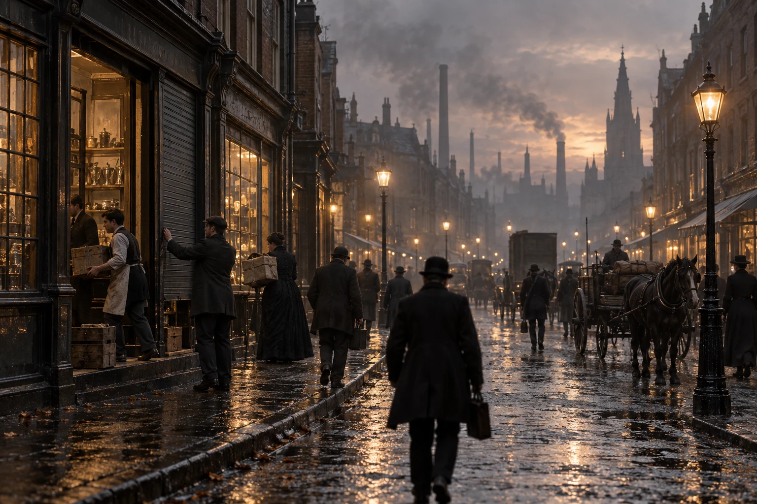 Commercial Streets, c. 1898; AI-generated historical interpretation set in Britain.