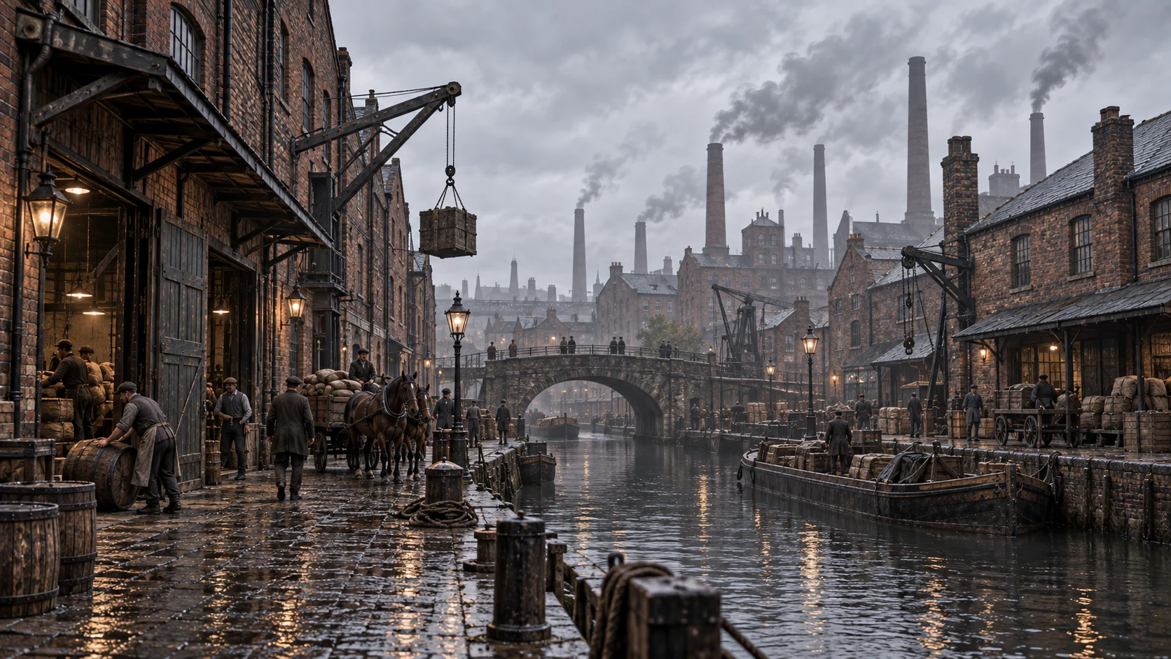 AI-generated interpretation of a working canal with brick warehouses, cranes, barges, carts and smoking factory chimneys.