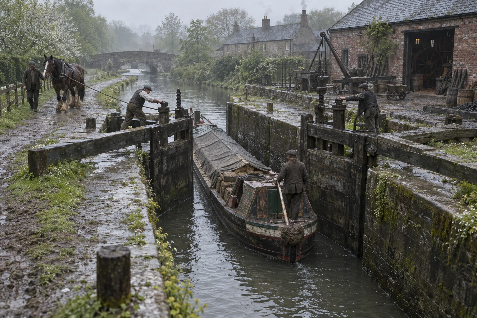 Industrial Canalsides, c. 1886; AI-generated historical interpretation set in Britain.