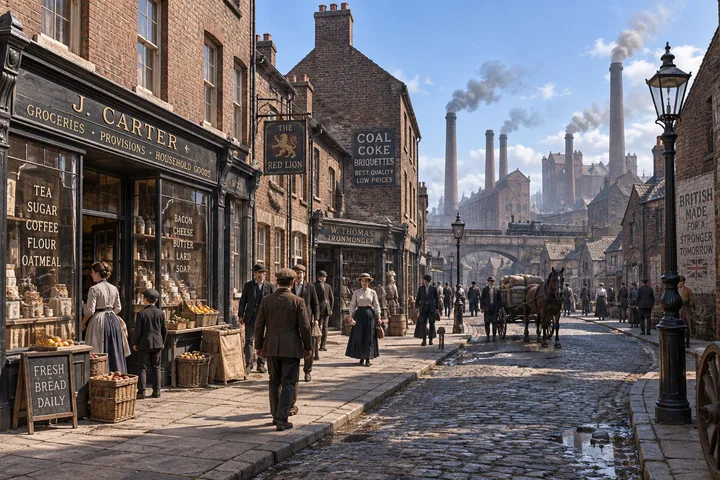 AI-generated interpretation of a brick commercial street with shopfronts, pedestrians, a horse-drawn cart and distant smoking chimneys.