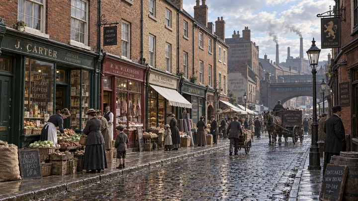 Commercial Streets, c. 1905; AI-generated historical interpretation set in Britain.