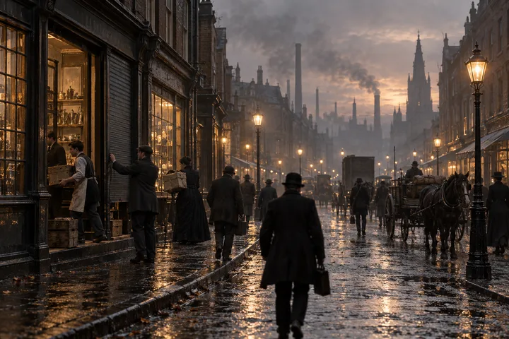 Commercial Streets, c. 1898; AI-generated historical interpretation set in Britain.