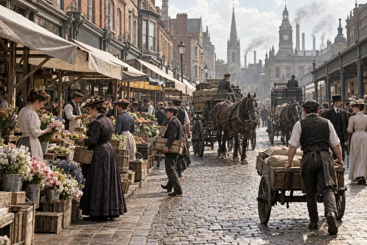 Commercial Streets, c. 1902; AI-generated historical interpretation set in Britain.