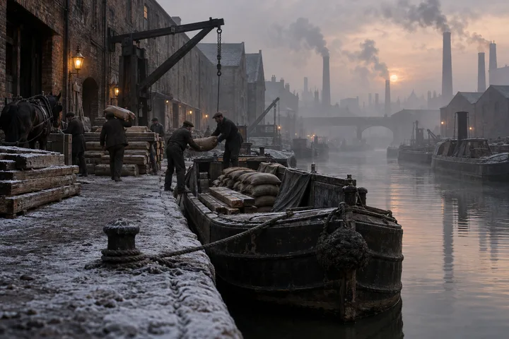Industrial Canalsides, c. 1894; AI-generated historical interpretation set in Britain.