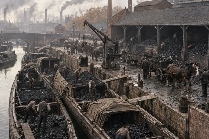 Industrial Canalsides, c. 1882; AI-generated historical interpretation set in Britain.