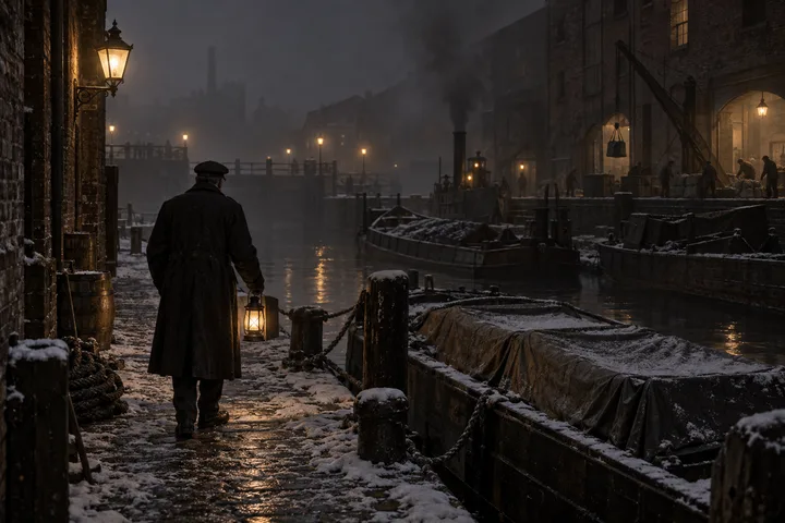 Industrial Canalsides, c. 1896; AI-generated historical interpretation set in Britain.