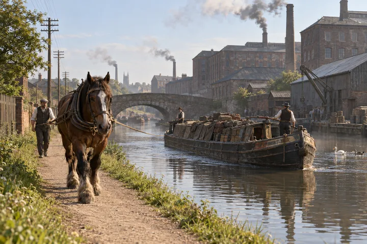 Industrial Canalsides, c. 1898; AI-generated historical interpretation set in Britain.
