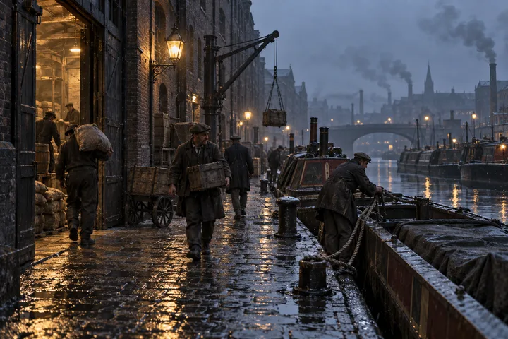 Industrial Canalsides, c. 1907; AI-generated historical interpretation set in Britain.