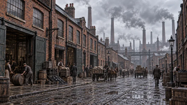 AI-generated interpretation of a wet cobbled industrial street with workshops, workers, carts, rails and smoking chimneys.