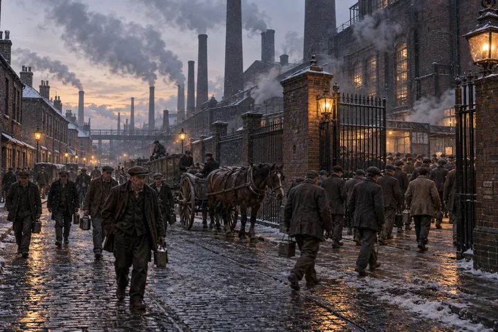 Industrial Streets, c. 1905; AI-generated historical interpretation set in Britain.