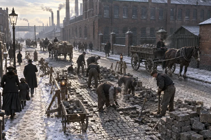 Industrial Streets, c. 1910; AI-generated historical interpretation set in Britain.